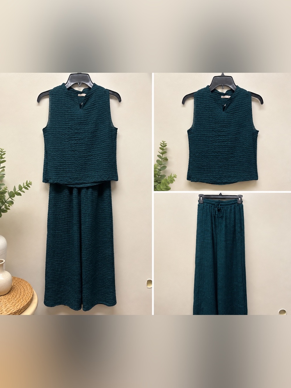 GLO jeans Sleeveless Textured Wide-Leg Jumpsuit - Teal Green